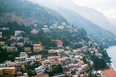 High angle view of buildings on mountains at positano