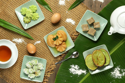 High angle view of fruits and vegetables on table