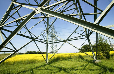 Low angle view of metallic structure on land against sky