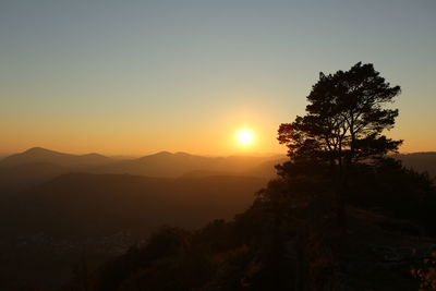 Scenic view of silhouette mountains against sky at sunset