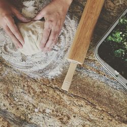 High angle view of man working in wood