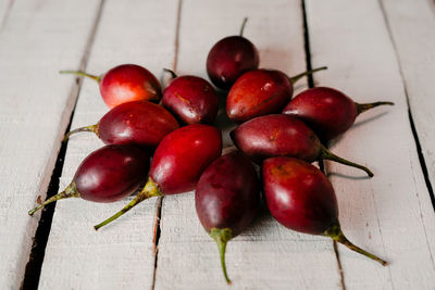 High angle view of strawberries on table