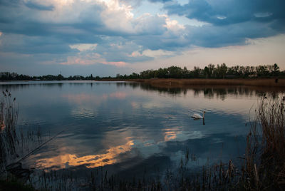 Scenic view of lake against sky at sunset