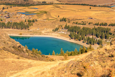 High angle view of lake along landscape