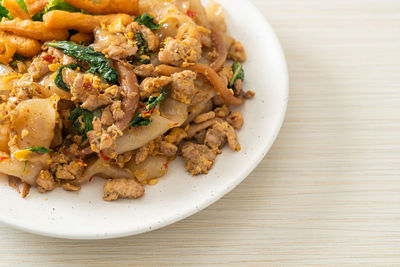 High angle view of food in plate on table