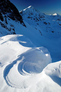 Aerial view of snowcapped mountains against sky