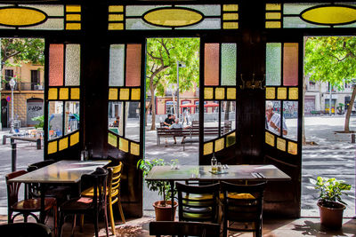 Empty chairs and table in restaurant