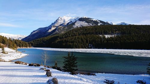 Scenic view of lake by snowcapped mountains against sky