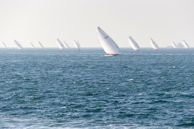 Sailboats sailing on sea against clear sky