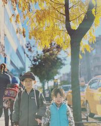 High angle view of people on street during autumn