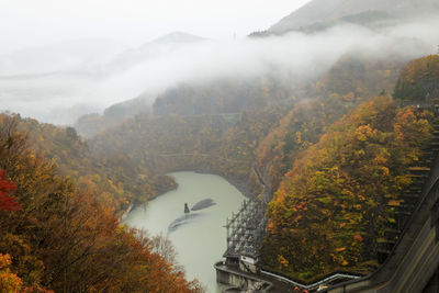 Autumn forest landscape with view of mountain misty valley and river dam electric in japan