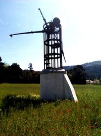 Low angle view of windmill on field against clear sky