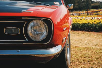 Close-up of vintage car on field