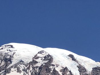 Low angle view of snowcapped mountains against clear blue sky