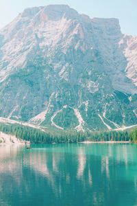 Reflection of mountain in the lake water . green forest lake and mountains . swiss awesome nature