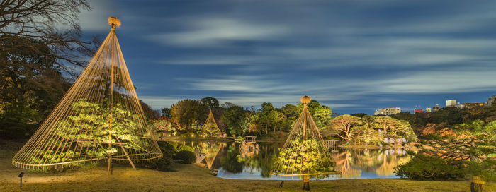 Panorama of autumn night light-up of the tokyo park with pine trees protected by a winter umbrella .