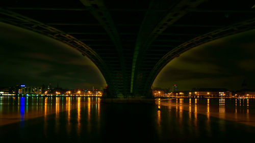 Illuminated bridge over river at night