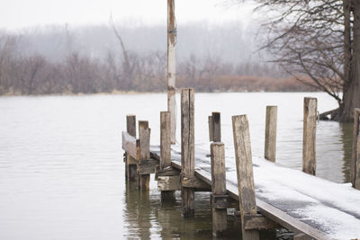 Wooden posts in frozen lake during winter