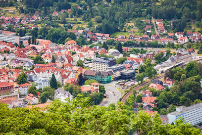 High angle view of townscape and trees in town