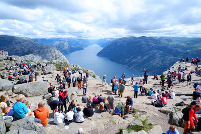 Tourists at preikestolen, the pulpit rock, norway