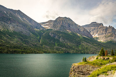 Scenic view of lake and mountains against sky