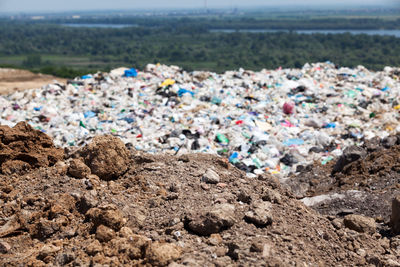 High angle view of garbage on recycling center