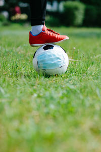 Low section of person with ball on grass