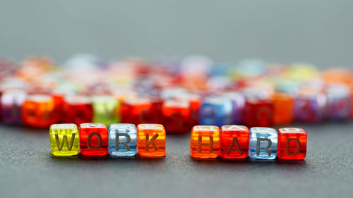 Close-up of colorful objects on table