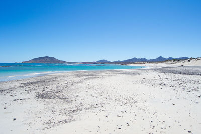 Scenic view of beach against clear blue sky