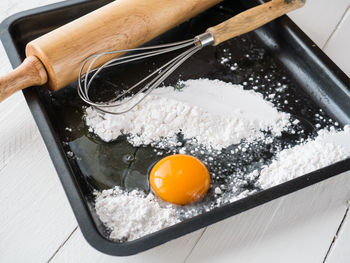 High angle view of egg in frying pan