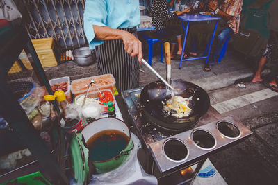 High angle view of man preparing food in restaurant