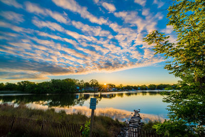 Reflection of trees in lake during sunset