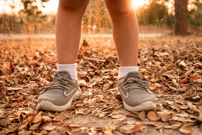 Low section of person standing on ground during autumn