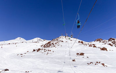 Scenic view of snowcapped mountains against clear blue sky