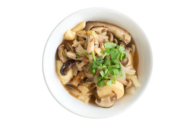 High angle view of mushrooms in bowl