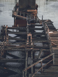 High angle view of an old pier over lake