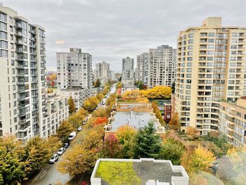 High angle view of buildings in city in fall