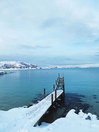 Scenic view of sea against  footbridge bridge cold water norway tromso cloudy  wood blue turquoise