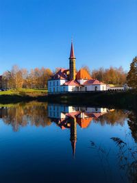 Reflection of building in lake against clear blue sky