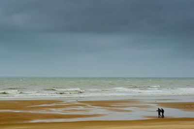 Rear view of man standing on beach against sky