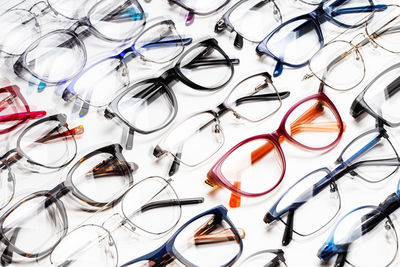 Full frame shot of eyeglasses over white background