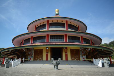 Rear view of man standing by building against sky