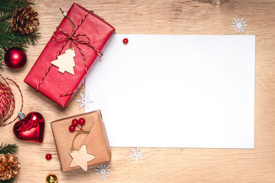 Directly above shot of christmas decorations on table