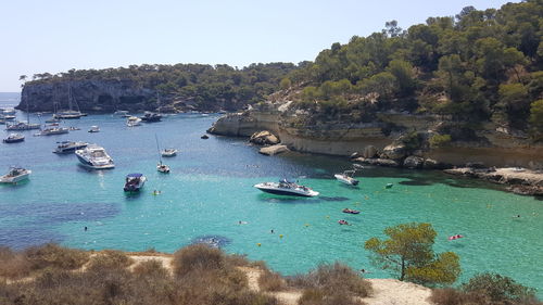 High angle view of boat sailing in sea
