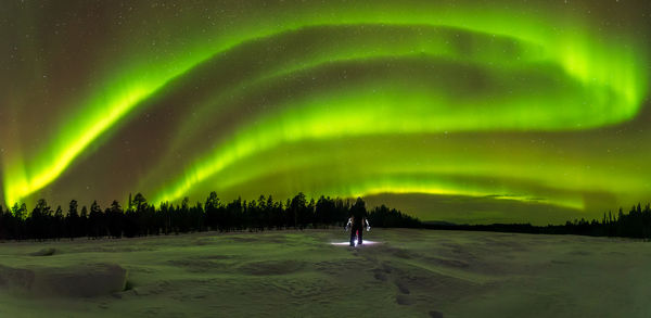 Rear view of man standing on field against sky at night