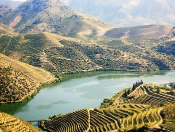 High angle view of lake and mountains