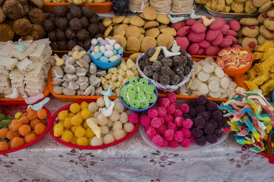 High angle view of various fruits for sale at market stall