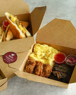 High angle view of food in box on table