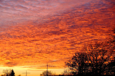 Silhouette trees against dramatic sky during sunset