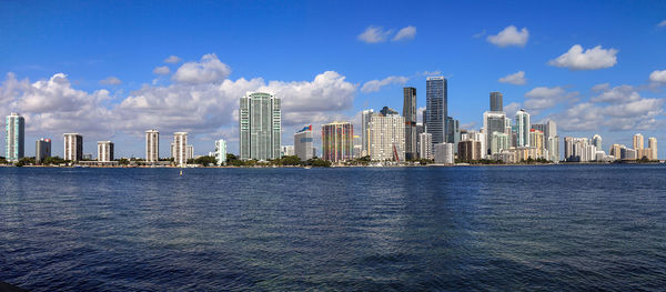 View of the city of miami over the ocean on the way onto key biscayne in miami, florida.